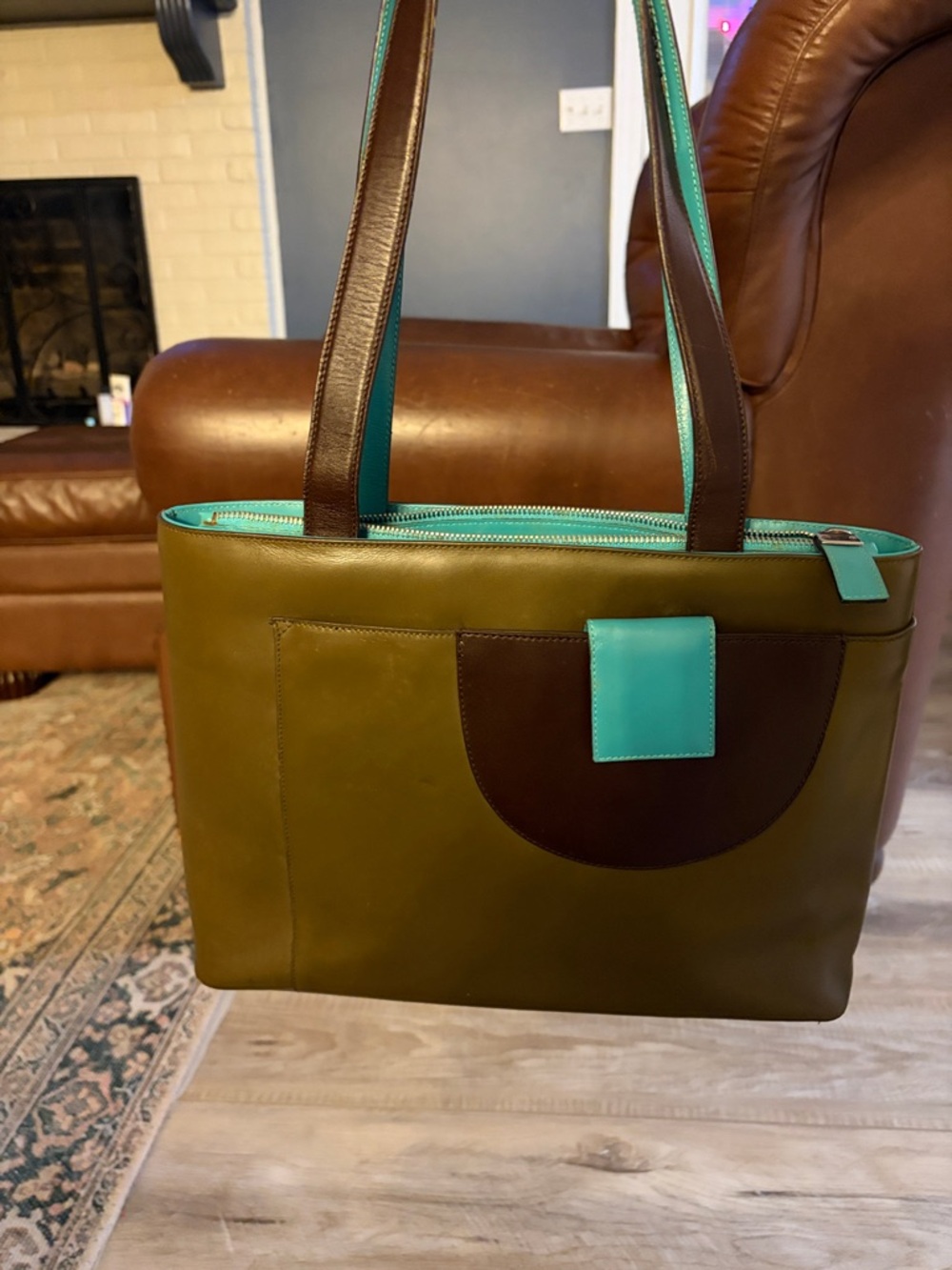 Salvatore Ferragamo Olive Green Tote with Turquoise Accents and Brown Straps